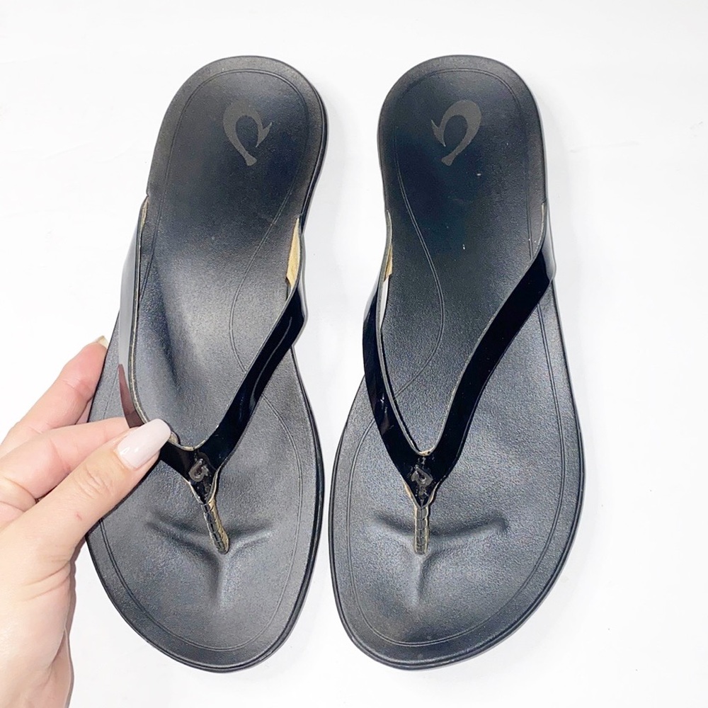 Olukai Ho'Opio Black Leather Women's Summer Flip Flop Sandals